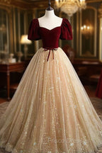 Champagne Tulle and Velvet Long Party Dress, Short Sleeves Formal Prom Dress