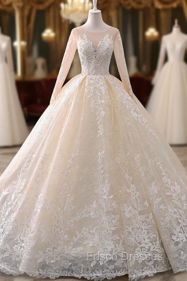 Champagne Tulle Appliques Long Sleeve Beading Wedding Dress Main image