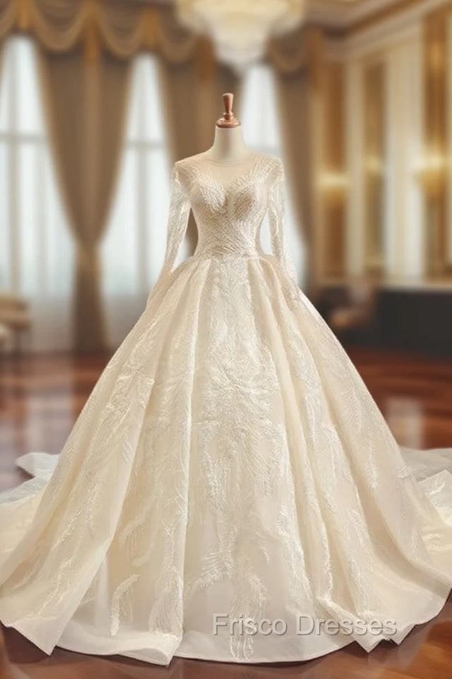 Champagne Tulle Appliques Long Sleeve Luxury Wedding Dress Main image