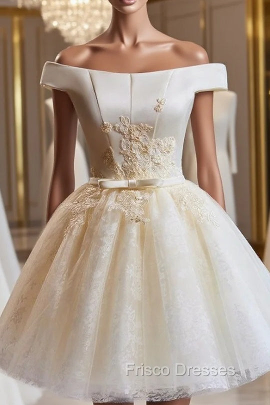 Champagne Tulle Appliques Off the Shoulder Homecoming Dress Main image