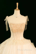 Champagne Tulle Beaded Long Formal Prom Dress, A-Line Evening Party Dress