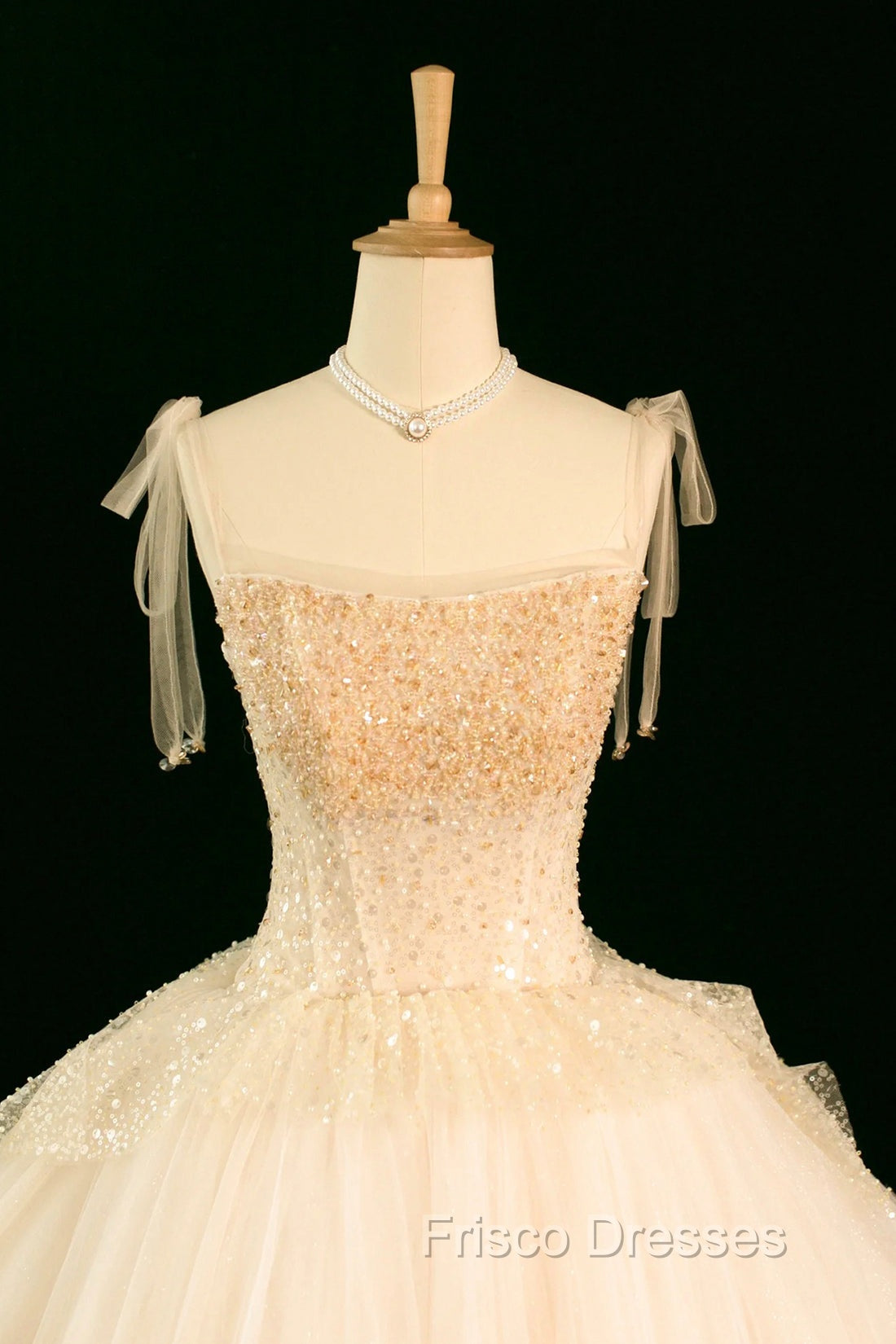 Champagne Tulle Beaded Long Formal Prom Dress, A-Line Evening Party Dress