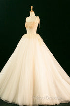 Champagne Tulle Beaded Long Formal Prom Dress, A-Line Evening Party Dress