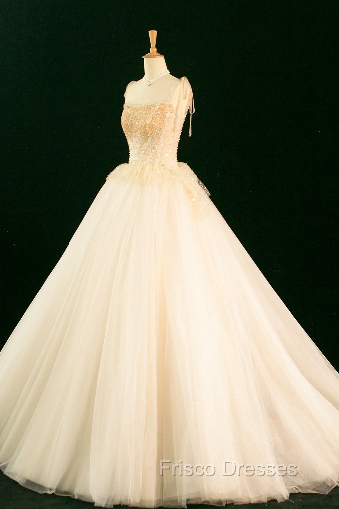 Champagne Tulle Beaded Long Formal Prom Dress, A-Line Evening Party Dress