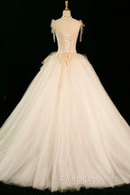 Champagne Tulle Beaded Long Formal Prom Dress, A-Line Evening Party Dress
