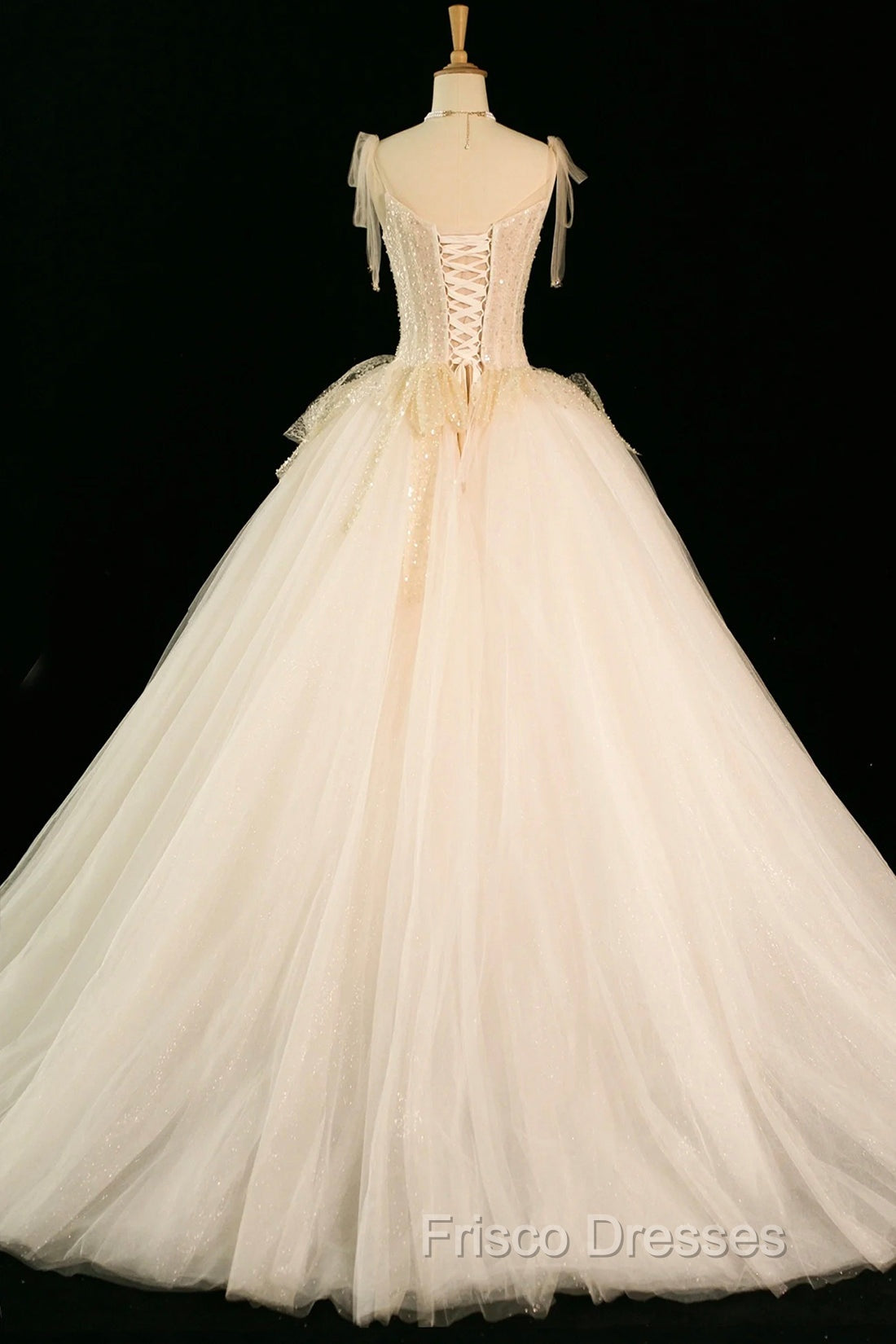 Champagne Tulle Beaded Long Formal Prom Dress, A-Line Evening Party Dress