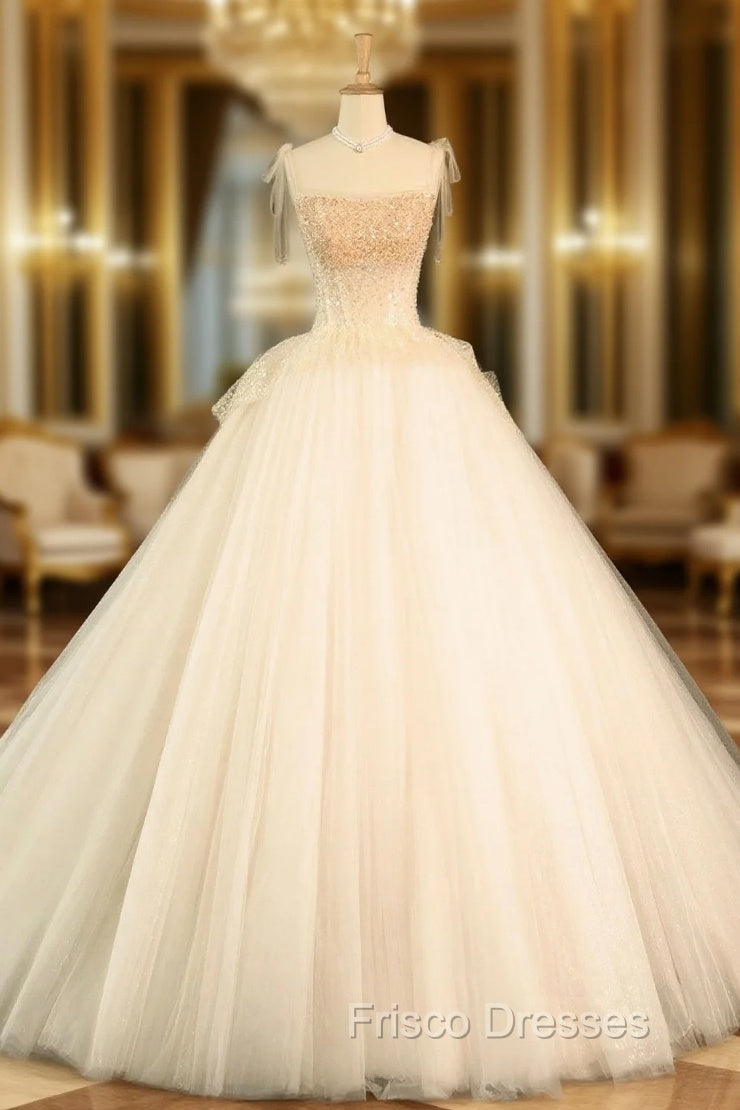 Champagne Tulle Beaded Long Formal Prom Dress, A-Line Evening Party Dress