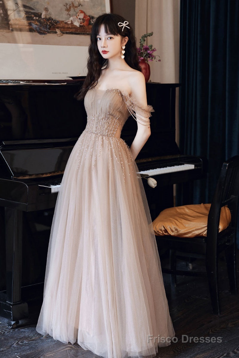 Champagne Tulle Beads Long Prom Dress, Champagne Evening Dress Main image