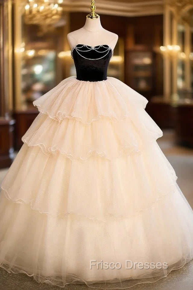 Champagne Tulle Black Velvet Strapless Beading Quinceanera Dress
