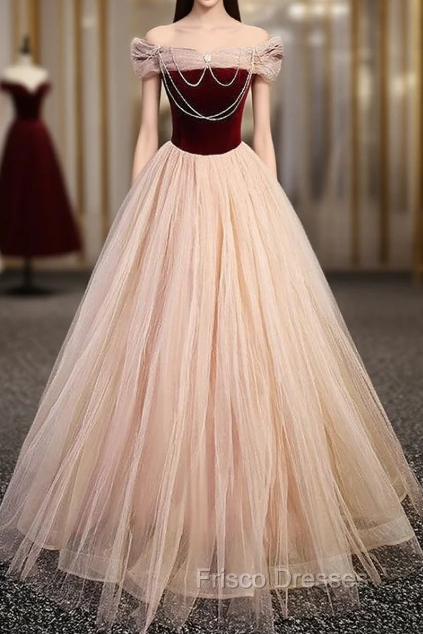 Champagne Tulle Burgundy Velvet Off the Shoulder Formal Prom Dress