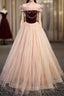 Champagne Tulle Burgundy Velvet Off the Shoulder Formal Prom Dress