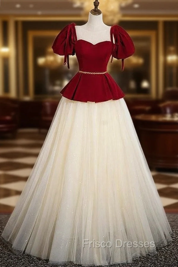 Champagne Tulle Burgundy Velvet Puff Sleeve Beading Formal Prom Dress