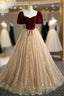 Champagne Tulle Burgundy Velvet Puff Sleeve Formal Prom Dress