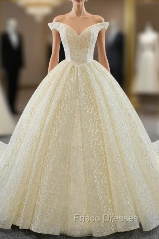 Champagne Tulle Embroidery Off the Shoulder Wedding Dress