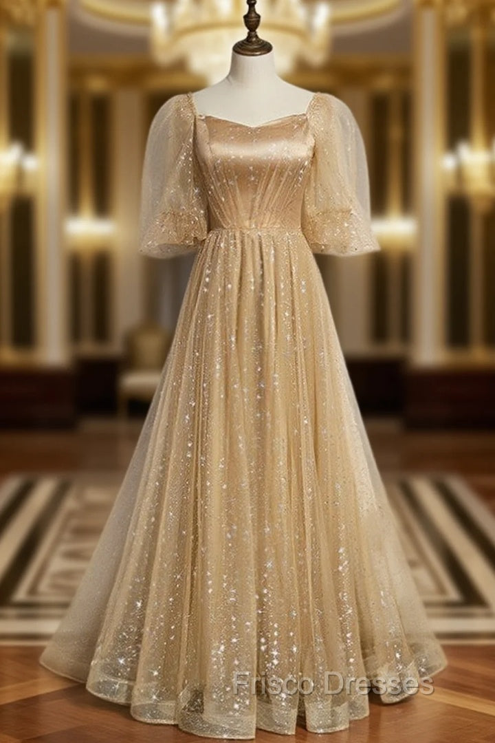 Champagne Tulle Embroidery Puff Sleeve Formal Prom Dress Main image