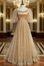 Champagne Tulle Embroidery Puff Sleeve Formal Prom Dress