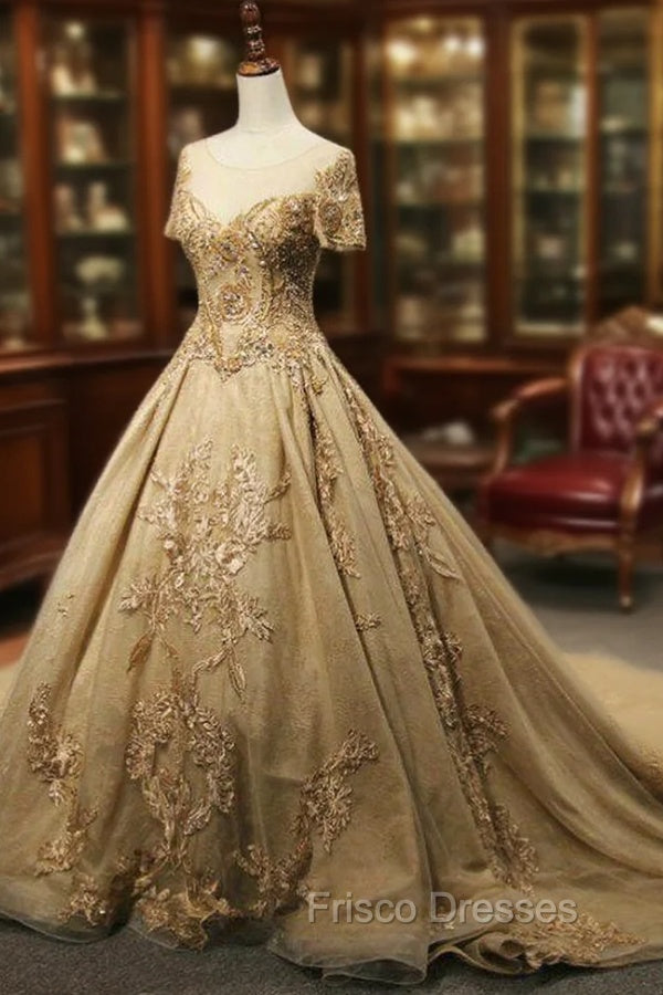 Champagne Tulle Embroidery Short Sleeve Backless Haute Couture Wedding Dress Main image