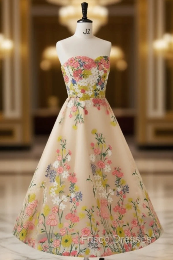 Champagne Tulle Embroidery Strapless Tea Length Formal Prom Dress Main image