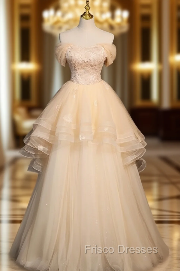 Champagne Tulle Flower Beading Off the Shoulder Formal Prom Dress