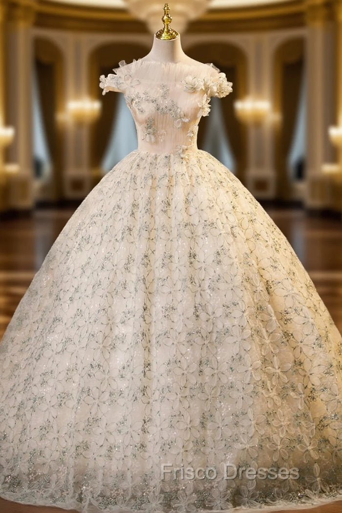 Champagne Tulle Flower Off the Shoulder Quinceanera Dress Main image