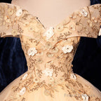 Champagne Tulle Flowers  Off Shoulder Sweet 16 Party Dress, Long Prom Dress, Formal Gown