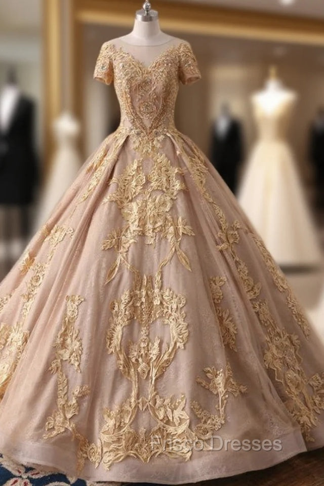 Champagne Tulle Gold Lace Appliques Beaded Sequins Wedding Dress