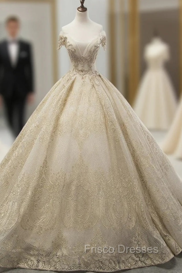 Champagne Tulle Gold Lace Appliques Off The Shoulder Wedding Dress Main image