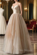 Champagne Tulle Gradient Tulle Straps Long Evening Dress, Charming Formal Gown