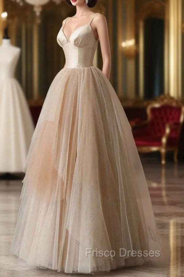 Champagne Tulle Gradient Tulle Straps Long Evening Dress, Charming Formal Gown