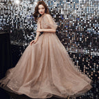 Champagne Tulle Haler Beaded Shiny Long Party Dress, A-Line Prom Dress Evening Dress