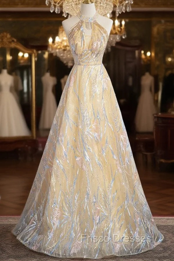 Champagne Tulle Halter Beading Formal Prom Dress Main image