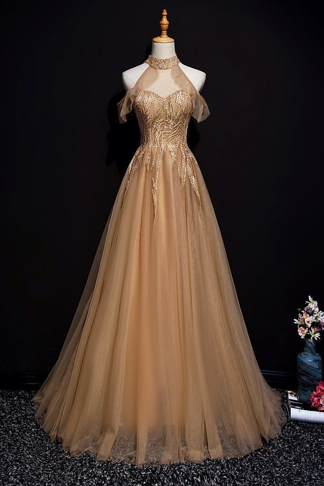 Champagne Tulle Halter Long Party Dress, A-Line Formal Gown