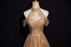 Champagne Tulle Halter Long Party Dress, A-Line Formal Gown