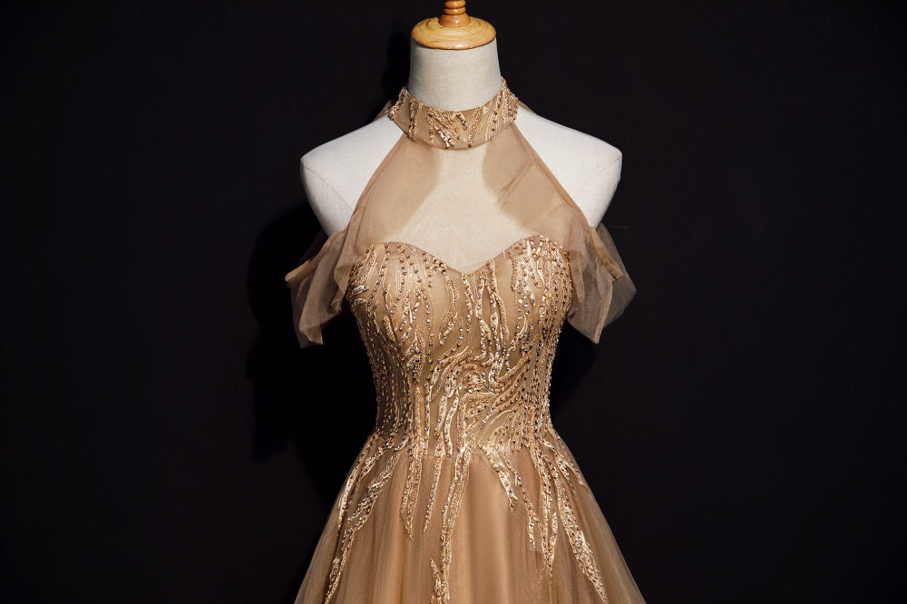 Champagne Tulle Halter Long Party Dress, A-Line Formal Gown