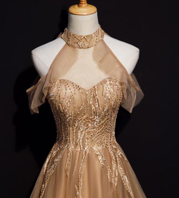 Champagne Tulle Halter Long Party Dress, A-Line Formal Gown