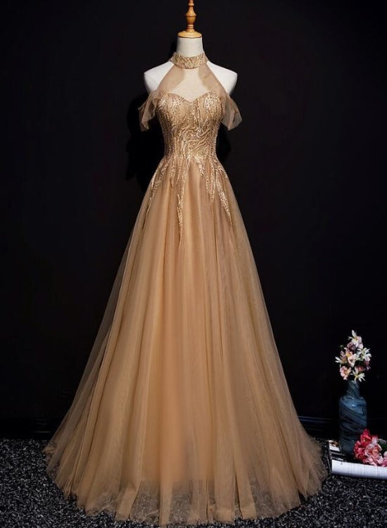 Champagne Tulle Halter Long Party Dress, A-Line Formal Gown