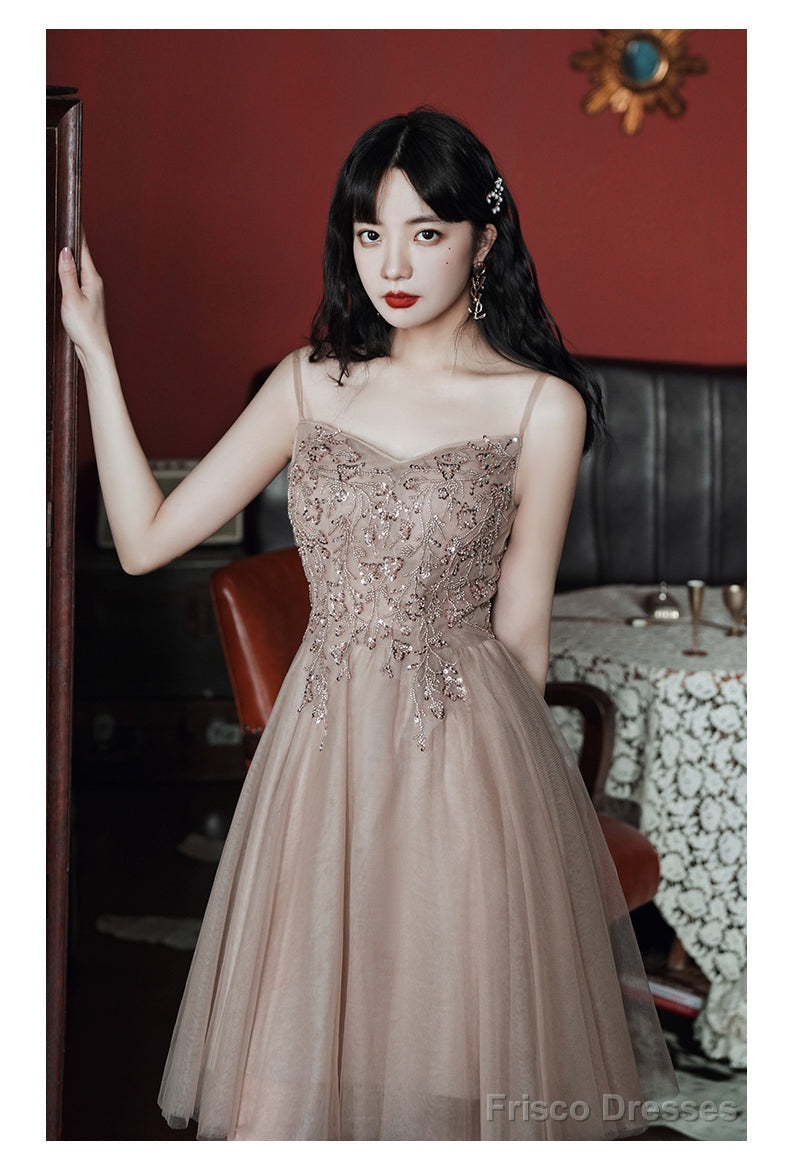 Champagne Tulle Knee Length Beaded Sweetheart Prom Dress, Short Homecoming Dress Party Dress Secondary image
