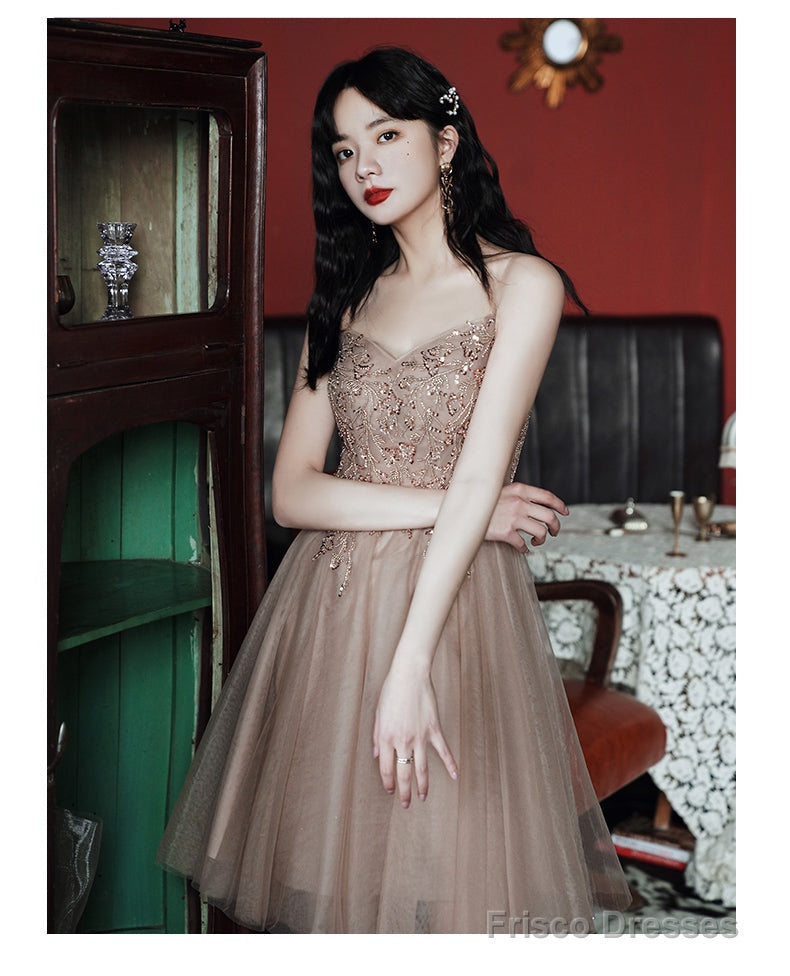Champagne Tulle Knee Length Beaded Sweetheart Prom Dress, Short Homecoming Dress Party Dress Main image