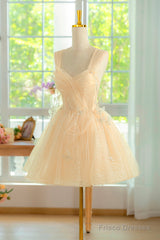 Champagne Tulle Knee Length Prom Dress, Lovely A-Line Party Homecoming Dress