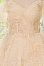 Champagne Tulle Knee Length Formal Prom Dress, Lovely A-Line Party Homecoming Dress