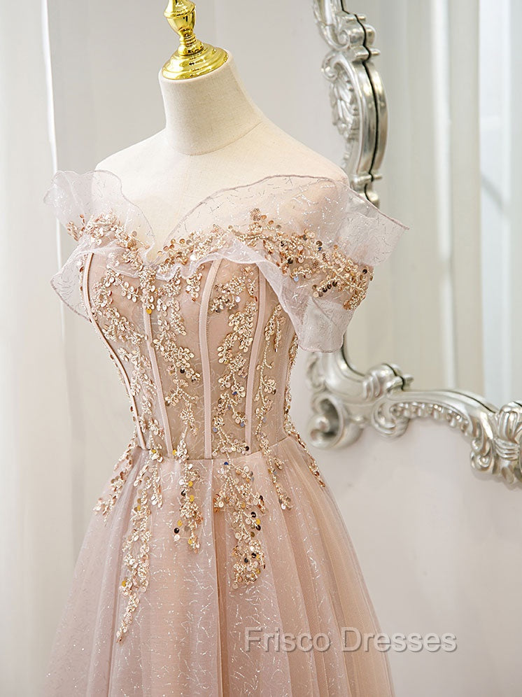 Champagne Tulle Lace A line Long Formal Prom Dress, Lace Champagne Evening Dress Secondary image