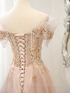 Champagne Tulle Lace A line Long Formal Prom Dress, Lace Champagne Evening Dress