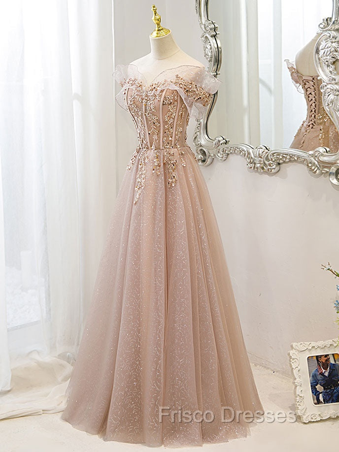 Champagne Tulle Lace A line Long Formal Prom Dress, Lace Champagne Evening Dress