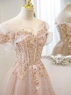 Champagne Tulle Lace A line Long Formal Prom Dress, Lace Champagne Evening Dress