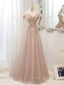 Champagne Tulle Lace A line Long Formal Prom Dress, Lace Champagne Evening Dress
