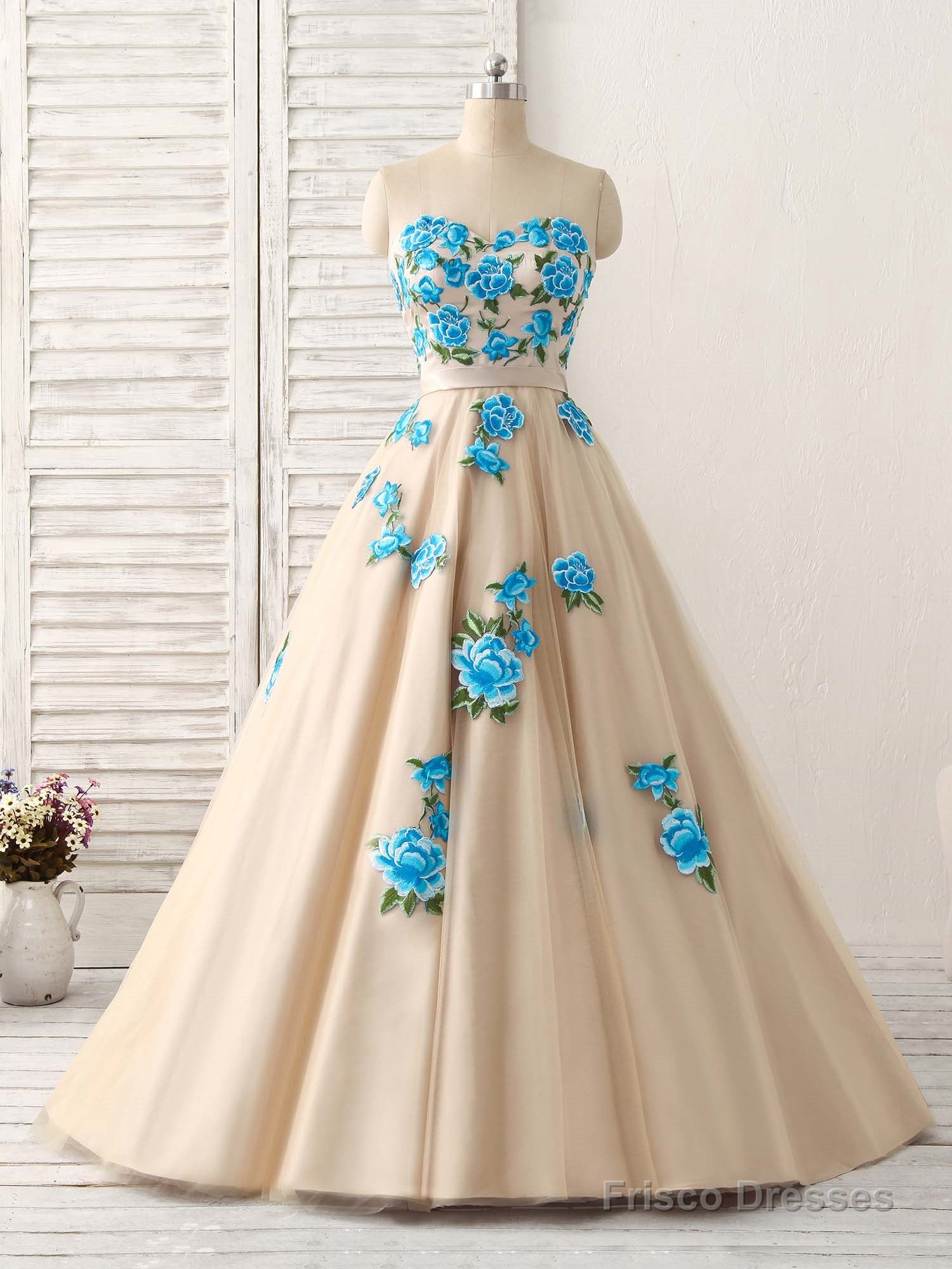 Champagne Tulle Lace Applique Long Prom Dress, Champagne Evening Dress Main image
