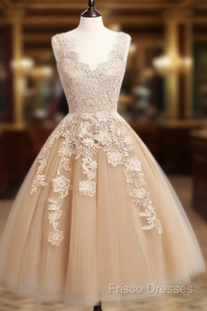 Champagne Tulle Lace Applique Short Formal Prom Dress, Homecoming Dress