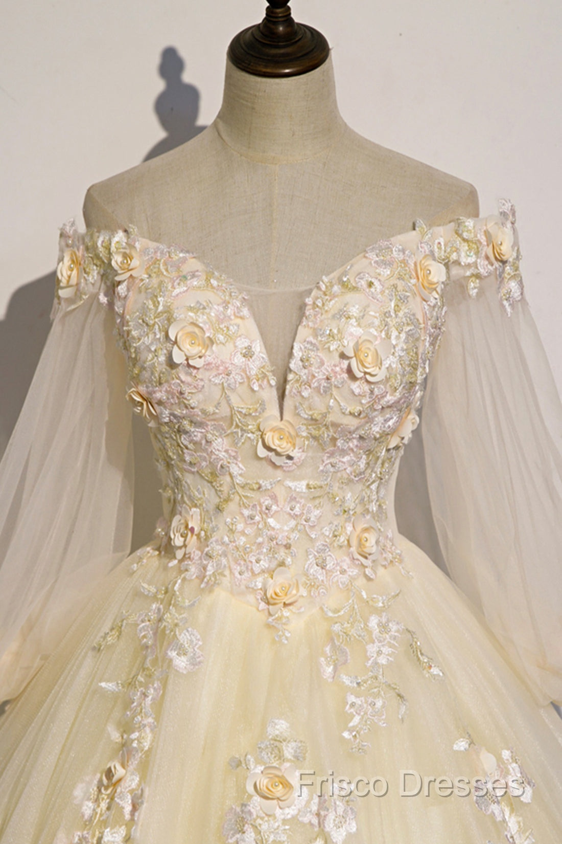Champagne Tulle Lace Floor Length Formal Prom Dress, Off Shoulder Long Sleeve Formal Dress Secondary image