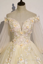 Champagne Tulle Lace Floor Length Formal Prom Dress, Off Shoulder Long Sleeve Formal Dress