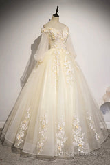 Champagne Tulle Lace Floor Length Formal Prom Dress, Off Shoulder Long Sleeve Formal Dress